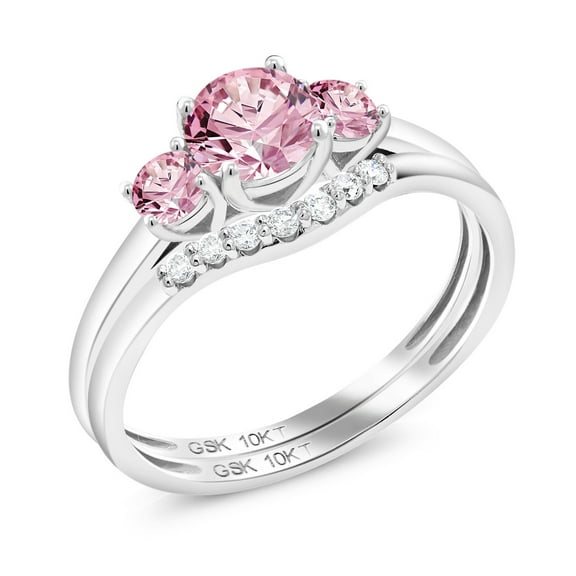 Gem Stone King 10K White Gold Pink and White Lab Grown Diamond Bridal-Sets Ring for Women | 0.82 Cttw | Round 5MM | Gemstone April Birthstone | Size 8