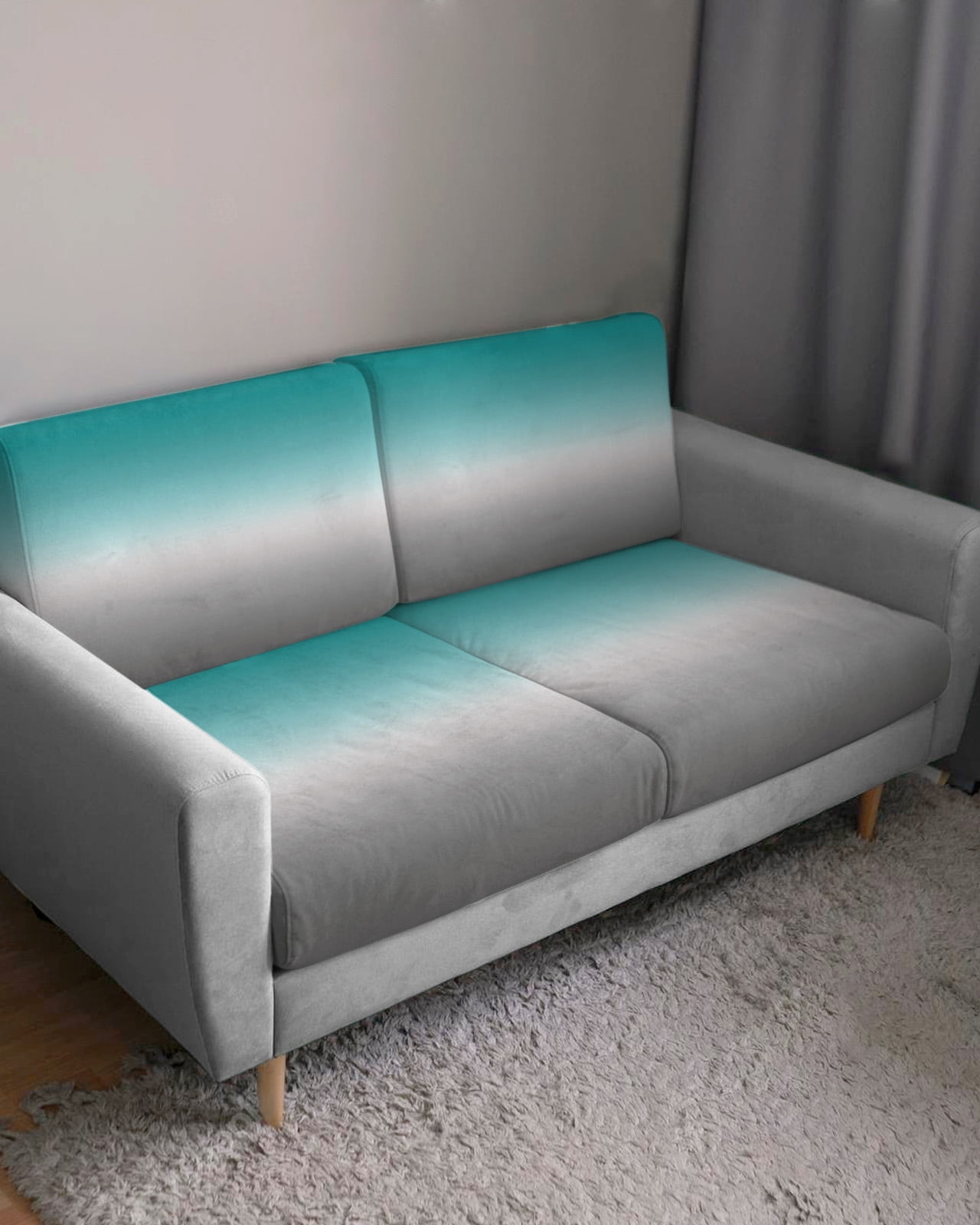 Teal Grey Ombre Couch Cushion Covers,Stretch Seat Cushion Covers for Sectional Sofa,Turquoise Gradient Modern Abstract Art Individual Sofa&nbsp;Slipcovers Furniture Protector Elastic Straps 1Pcs,S