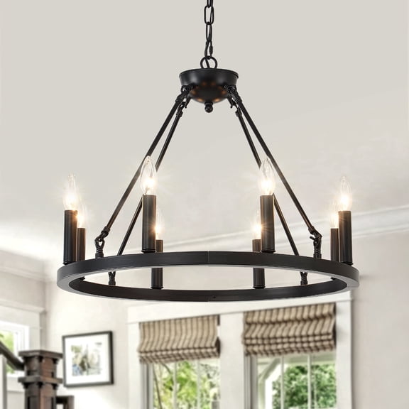 8-Light Black Farmhouse Industrial Wagon Wheel Chandelier, Rustic Metal Ceiling Light Fixture