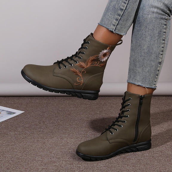 St. Patrick's Day AXXD Women's Fall Comfort Plus Size Non-Slip Round Toe Flat Boots Winter Women Boots Clearance Army Green Size 35(US:4.5)