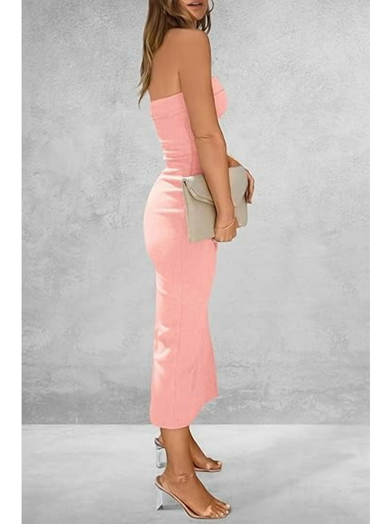 ribbed tube dress Womens Ribbed Knit Side Slit Midi Tube Dress with Keyhole Back, Pink, Size L