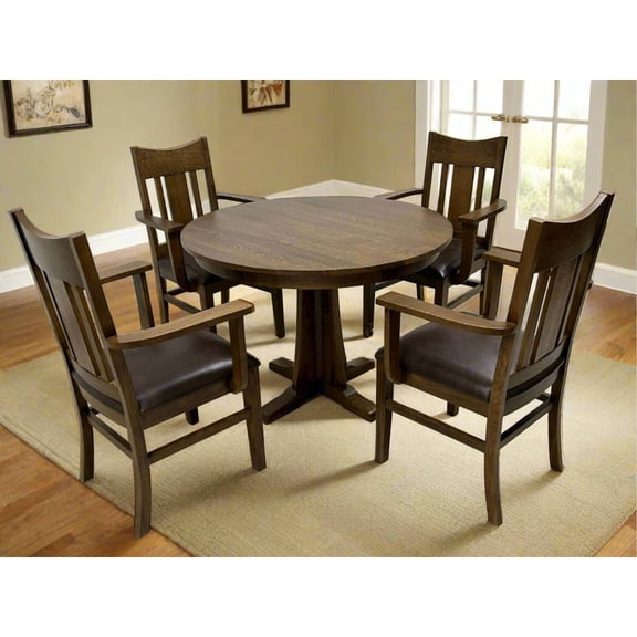 Crafters and Weavers Mission Oak Round Dining Table & Arm chair Set of 4- 42" - Walnut