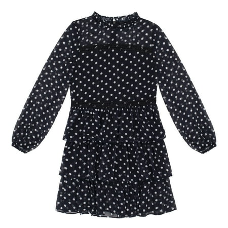 

KIDPIK Girls Long Sleeve Ruffle Neck Silver Dots Lace Trim Zip Up Tiered Dress Size: 2 - 16