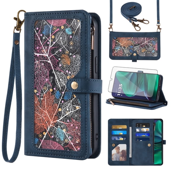 Asuwish Vintage Leather Flip Wallet Case with Kickstand, Embossed Pattern, Zipper Slot, Crossbody & Wrist Strap, Tempered Glass for Motorola Moto G Stylus 5G 2025, Blue
