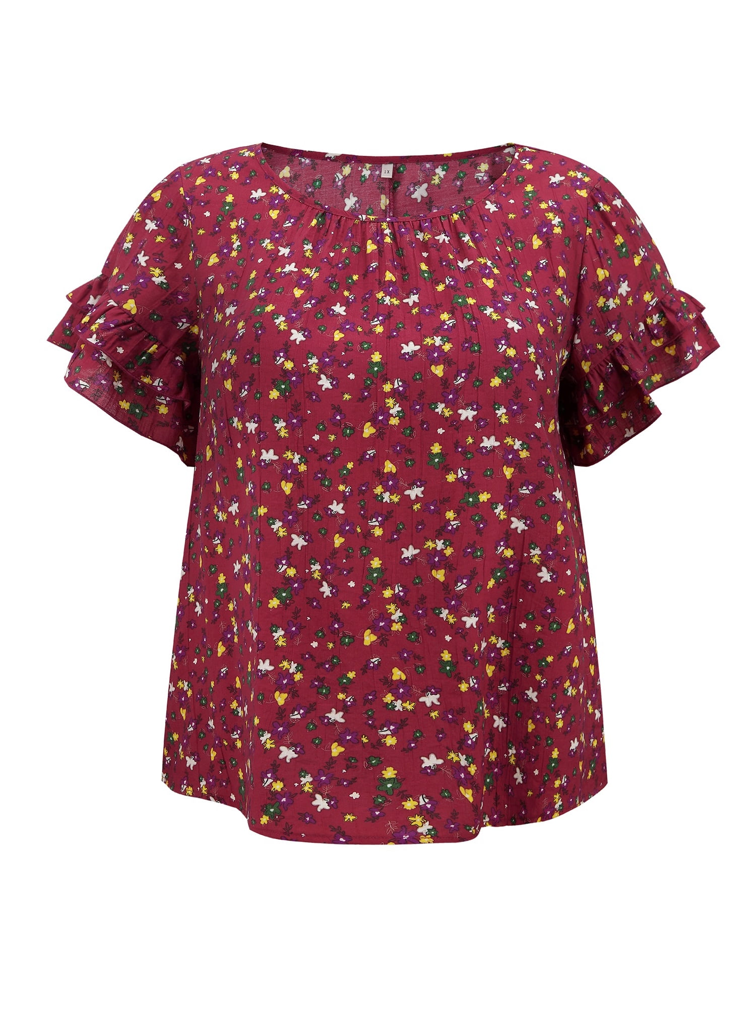 DARING DIVA Women's Plus Floral Print Ruffles Blouse 1X Red