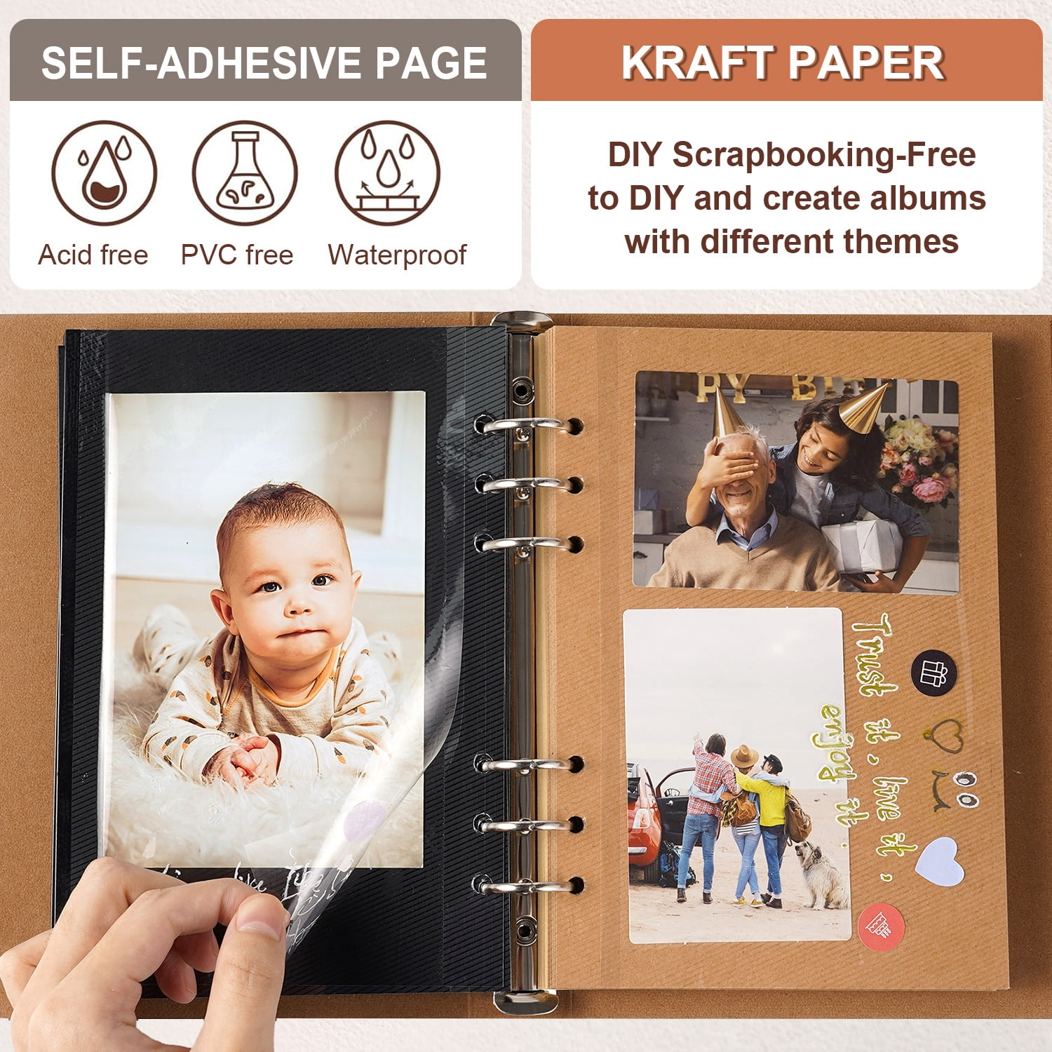 TJT 104 Pages Scrapbook Album, Self Adhesive Photo Album DIY Photo Book, Leather Memory Book for Wedding Baby Family Travel Birthday Christmas Brown