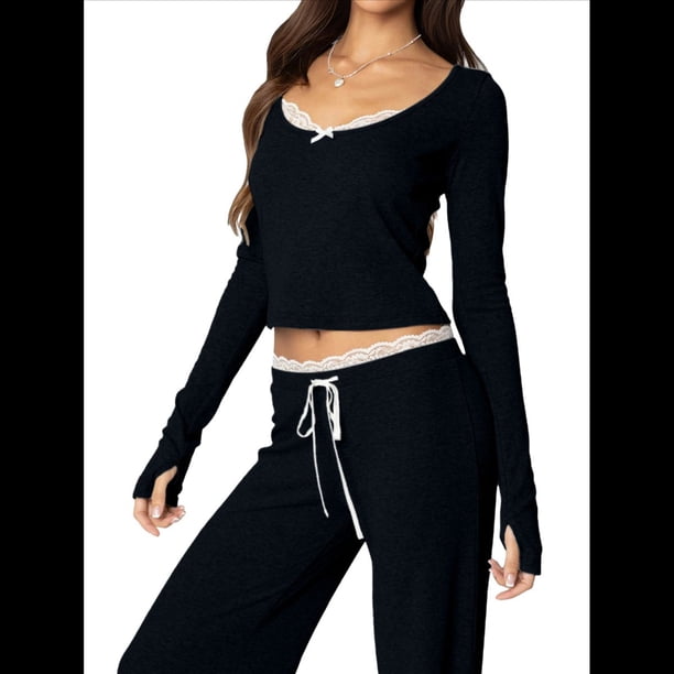 Conjuntos de 2 Piezas para Mujer, Conjuntos de Otoño, Chándales de Larga y Pierna , Conjuntos Casuales para Estar en Casa, Conjuntos A Juego Negro M