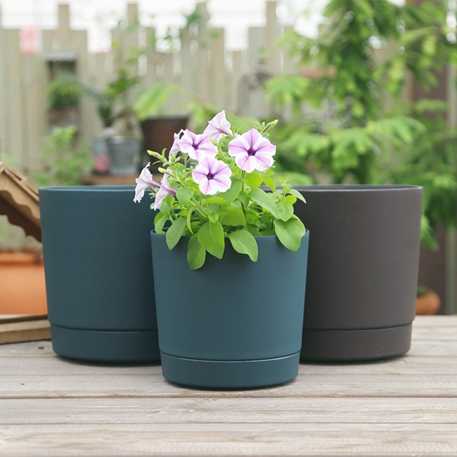 Junepar 8" Pot Planters for Indoor with Drainage Holes & Saucer Outdoor Flower Pots Home Garden Modern Decorative Black