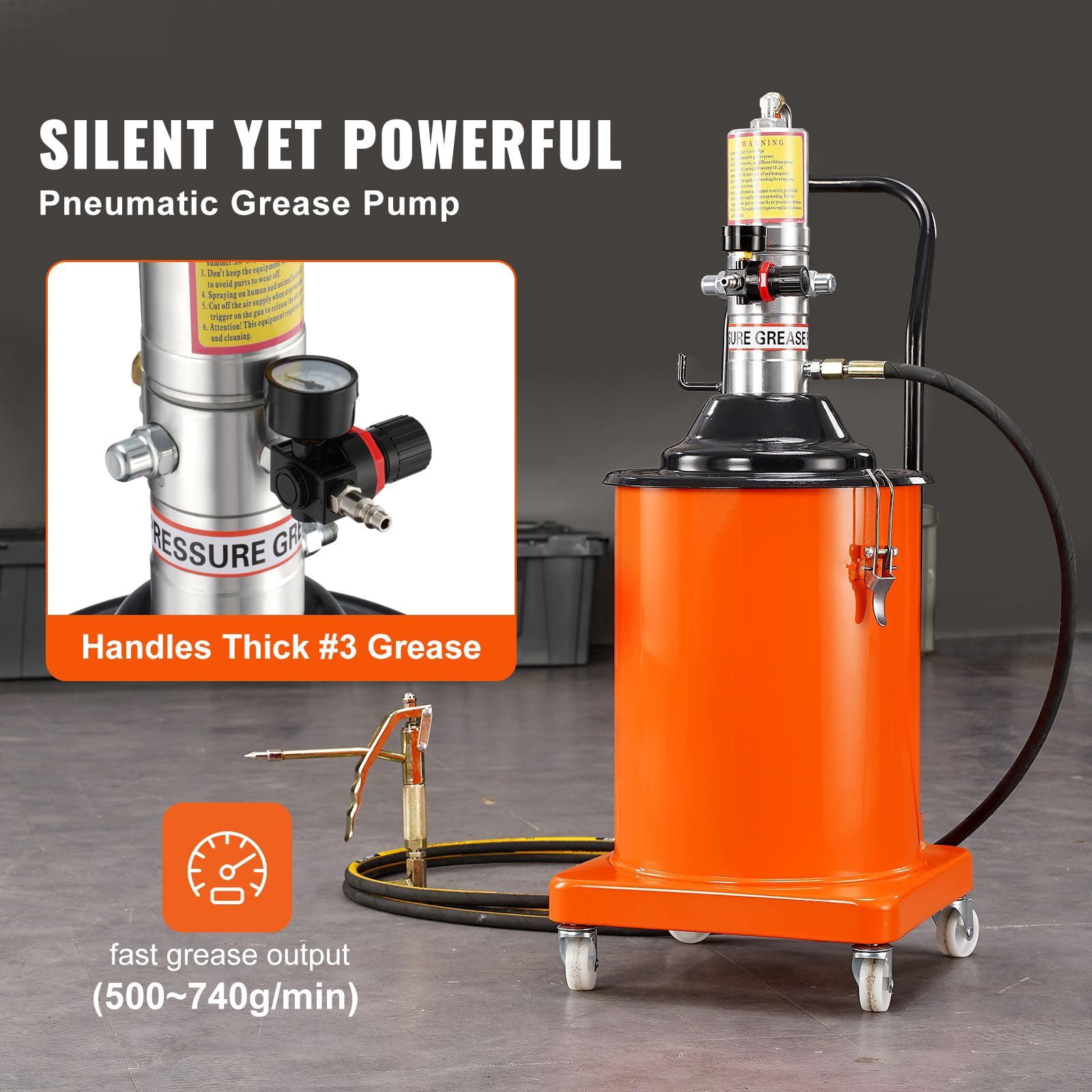 Dranite Air Operated Grease Pump, 5 Gallon (20L) Portable Pneumatic Lubrication System with 13ft High Pressure Hose, Grease Gun & Wheels, 50:1 Pressure Ratio for Industrial Maintenance