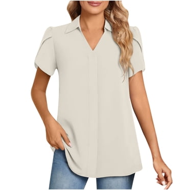 Liquidation & Promo, T-shirt Col en V Uni pour Femmes pour Tenue Décontractée Ou de Bureau Garde-Robe Polyvalente Essentielle/95 % Polyester, 5 % Spandex, Beige, Sopatenor