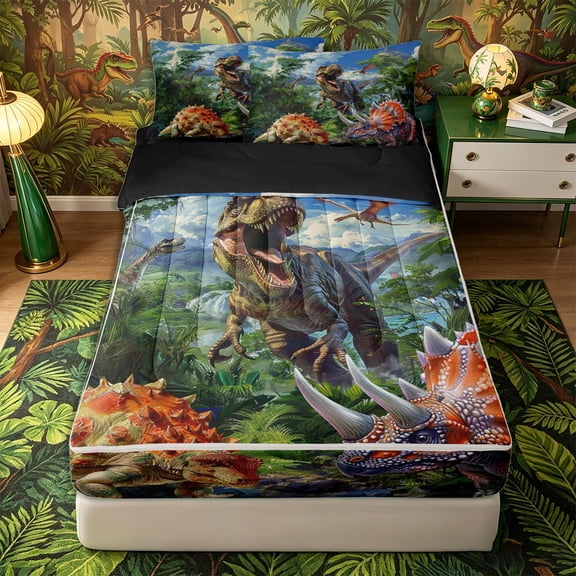Metsweet Dinosaur T-Rex Zipper Twin Comforter Sets with Fitted Sheet and 2 Pillowcases, Prehistoric Jungle Zipper Bedding Set,4-Piece,Black Reversible