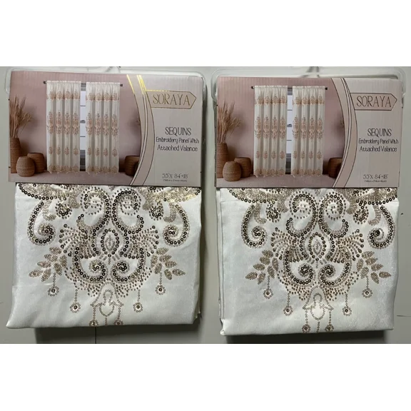 Set of 2 Soraya Embroidered Curtain Panels with Gold Sequins, 84" Long with Attached Valance (Beige/Gold)