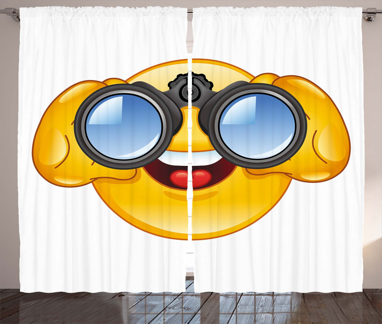 Emoji Curtains 2 Panels Set, Smiley Face with a Telescope Binoculars