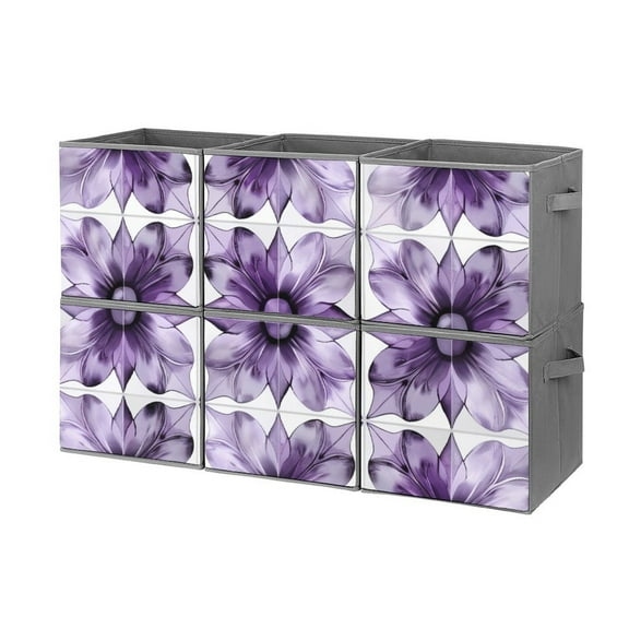 Collapsible Oxford Fabric Storage Cubes with Handles, Large Mid Foldable Oxford Cloth Bins Set of 2/6, Closet Organizers for Shelves Clothes Home Kitchen Toy - Purple Flower