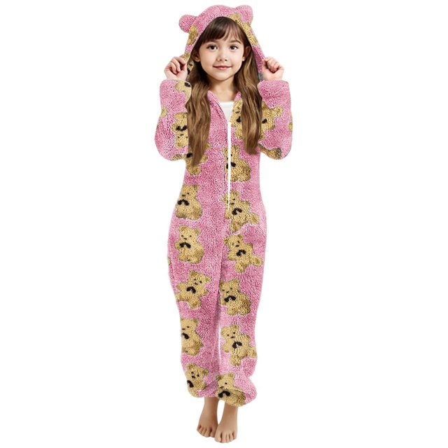 Pyjama à Manches Longues Imprimé à Capuche pour Filles, Pyjama d'Hiver Décontracté et Chaud