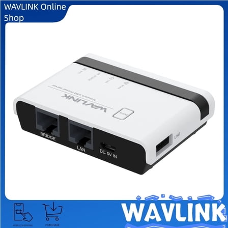 WAVLINK USB WiFi  Wireless Print Server with 10/100Mbps LAN/Bridge, 480Mbps USB2.0, Support Wired/Wireless/Standalone Modes All RAW-supported Printers