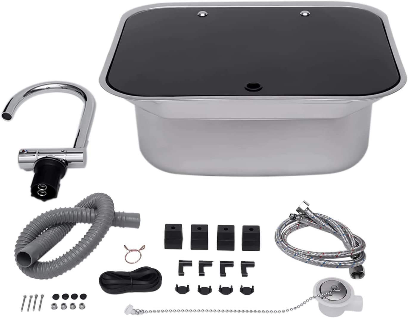 Miumaeov Single Bowl RV Caravan or Boat Stainless Steel Hand Wash Basin Sink with Folded Faucet Tempered Glass Lid van Camper Trailer Accessories