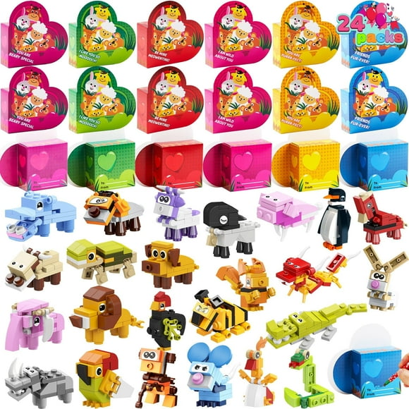 Joyfy 24 Packs Valentines Day Cards With Animals Building Blocks for Kids, Building count Blocks with Heart Shaped Boxes, Valentines School Class Exchange Card Gifts Boys Girls, Award Party Favors