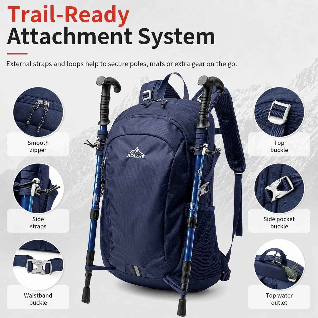 JIDIZHE 35L Hiking Backpack, Water Resistant Daypack with Rain Cover, Lightweight Design, Adjustable Chest Strap & Breathable Back Pad, Unisex for Hiking, Camping & Travel,Blue