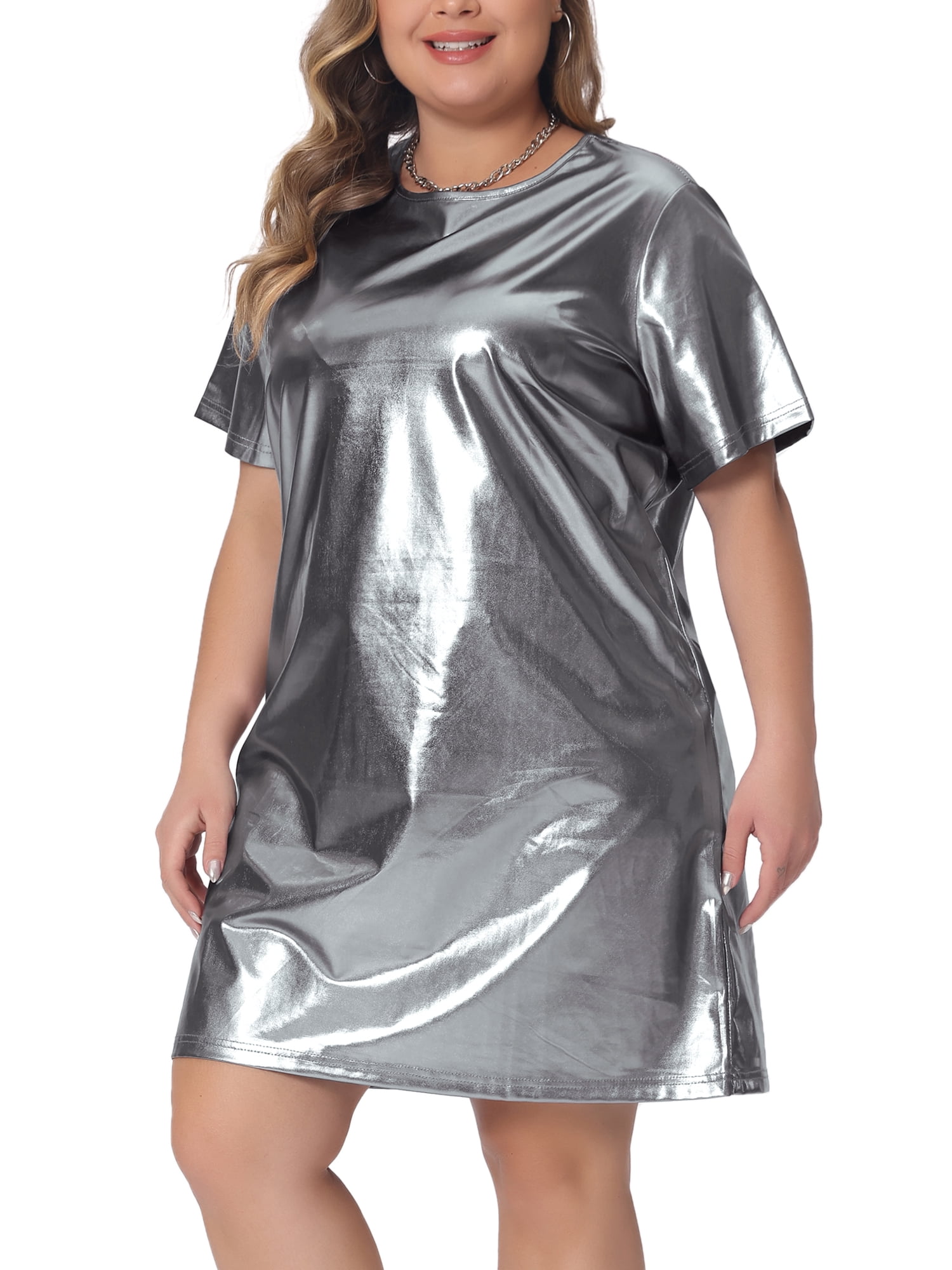 DARING DIVA Women's Plus Size Metallic Round Neck Mini Dress 3X Silver