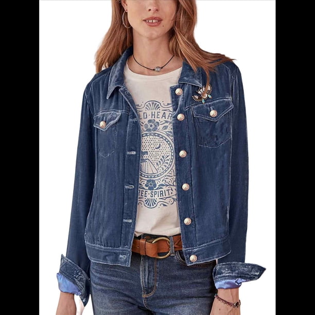 Chaqueta de Terciopelo de Larga de Color Liso para Mujer, Abrigo Corto Informal con Hebilla y Bolsillos. Azul L