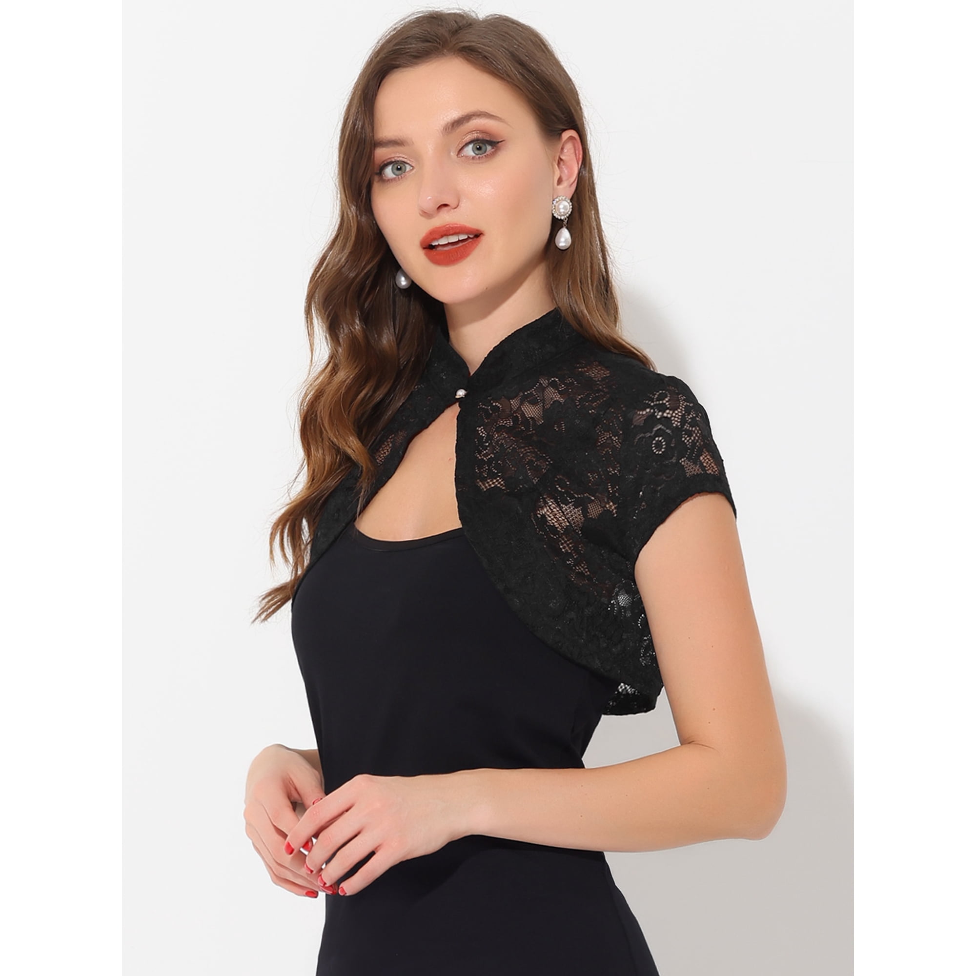 Unique Bargains Women s Lace Cardigan Stand Collar Short Elegant Shrug Small Black Black