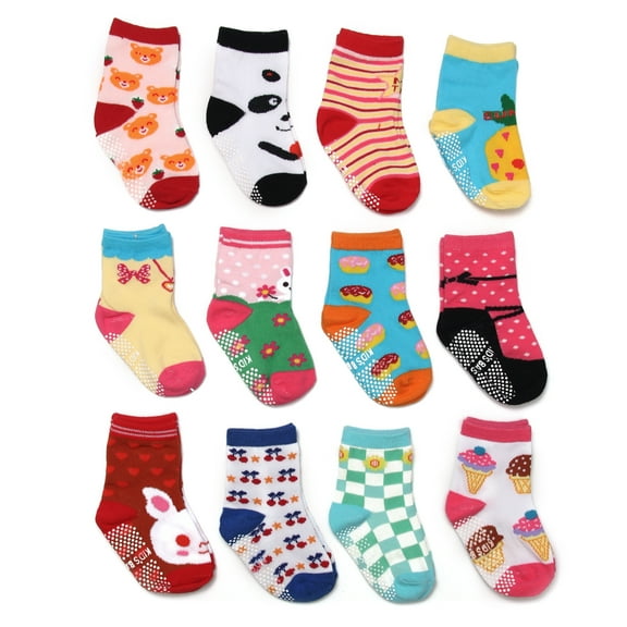 ShoppeWatch 12 Pairs Baby Girl Toddler Socks with Grips Anti-Slip Non-Skid Crew Grippers for Kids Infant Babies 2T and 3T Walkers 12-24 Months BB42GA