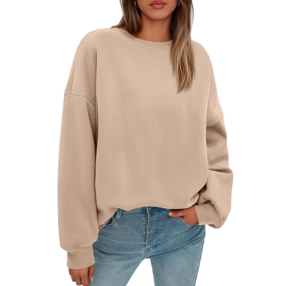 Crew Neck Sweatshirts for Women, Soft Fleece Oversize Long Sleeve Pullover for Fall Winter Loungewear Light Brown L