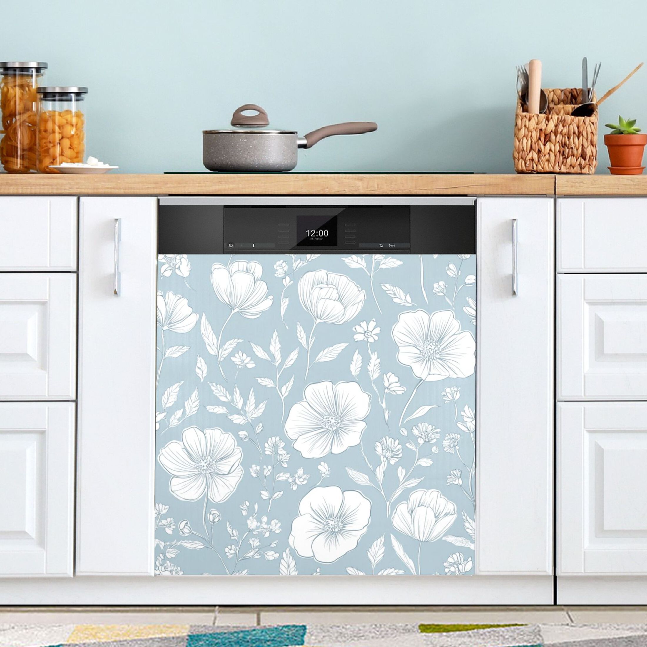 Dishwasher Magnetic Sticker 23x26 Inch Refrigerator Magnetic Sticker Washing Machine Magnetic Sticker Kitchen Panel Magnetic Sticker Home Decor Blue Cartoon White Flowers