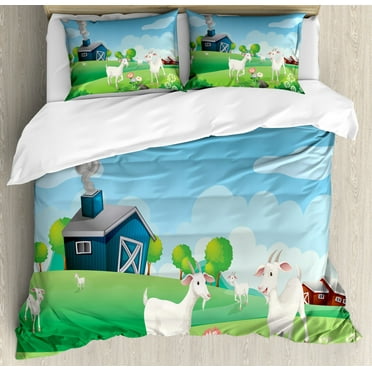 Farmhouse Duvet Cover Set Queen Size, Pleasant Farm Life Illustration with Colorful Houses Green Meadows Happy Goats, Decorative 3 Piece Bedding Set with 2 Pillow Shams, Multicolor, by Ambesonne