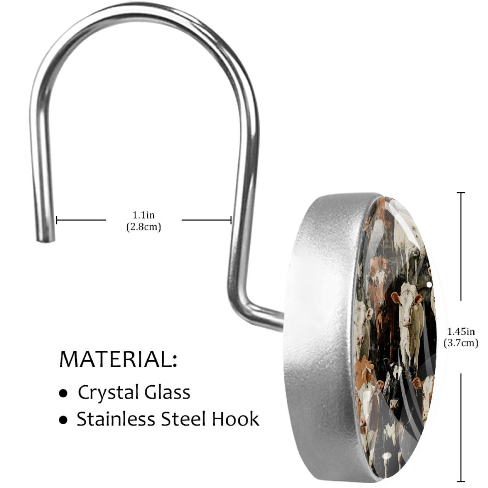 Cows and Cattles Farm Animal Shower Curtain Hooks Round Crystal Glass, Set of 12 Shower Curtain Rings - Shower Hooks for Curtain Shower Rings
