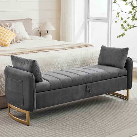 Aemeios 66"W Tufted Storage Bench for Bedroom End of Bed with Gold Legs and Two Pillows, Dark Gray