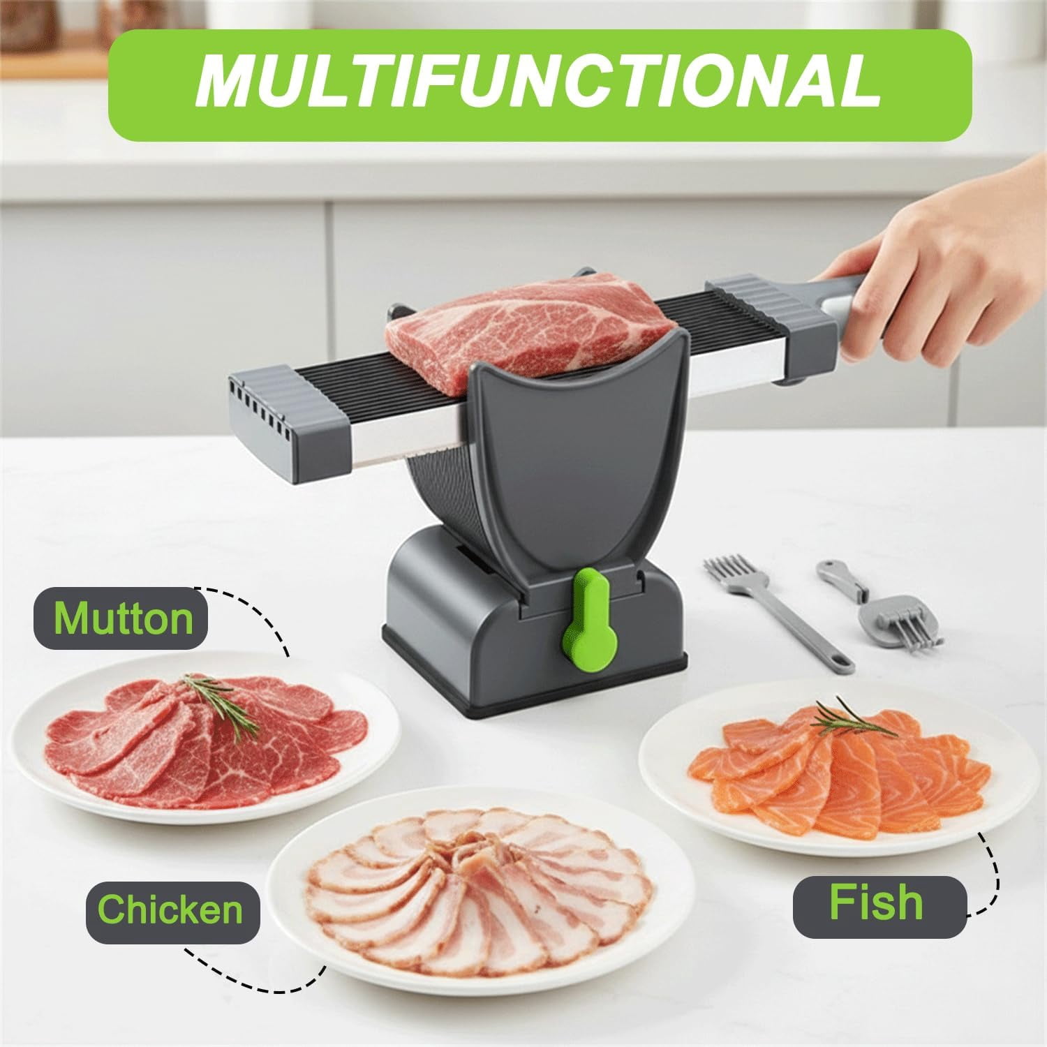 Fresh Meat Slicer, Thickness Adjustable Stainless Steel Kitchen Cleaver Knife Set With Block, Manual Fresh Meat Cutter Jerky Slicer For Beef Pork, Cooking BBQ Hot Pot