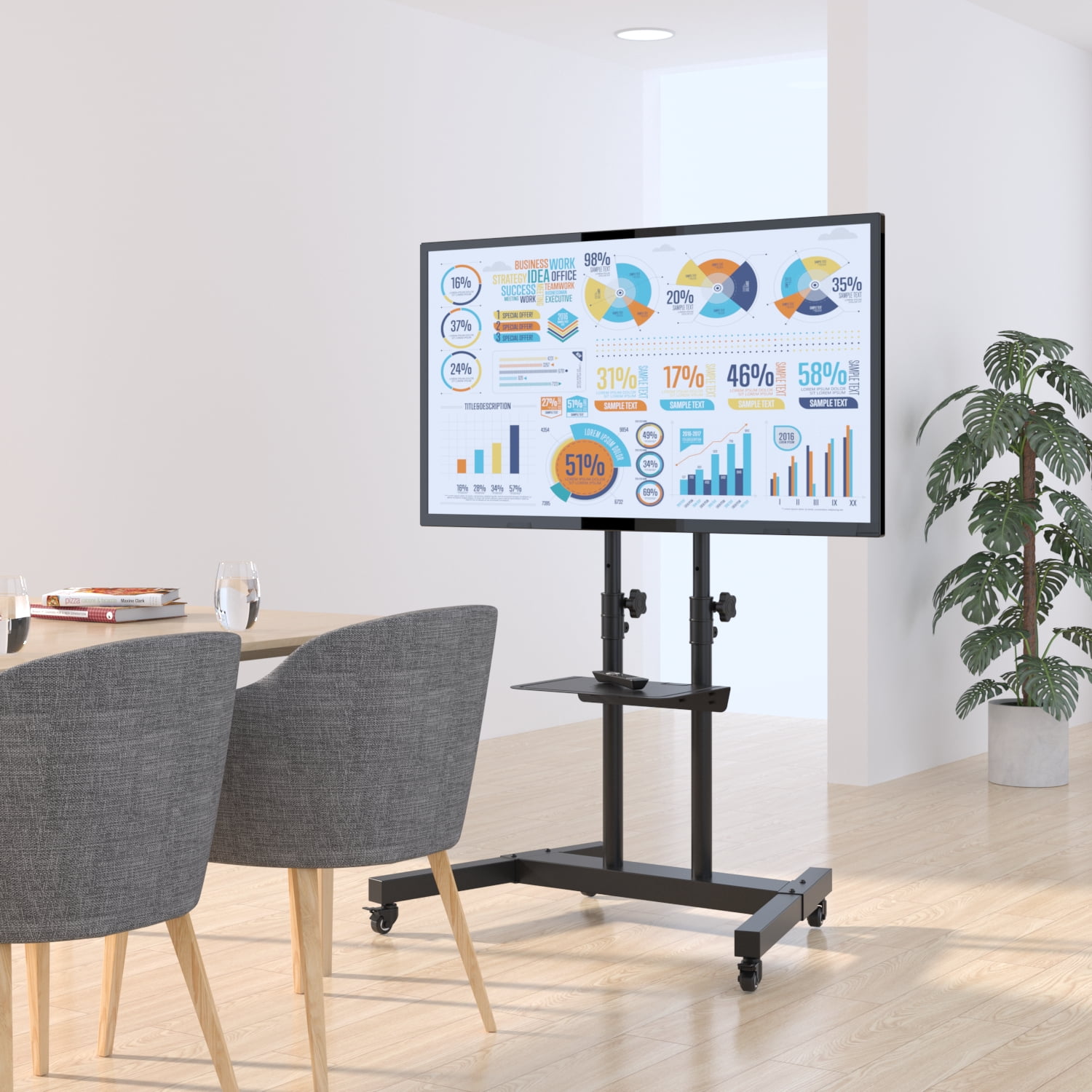 YOMT Modern Black Mobile TV Stand Rolling Cart with Wheels for 32 to 65