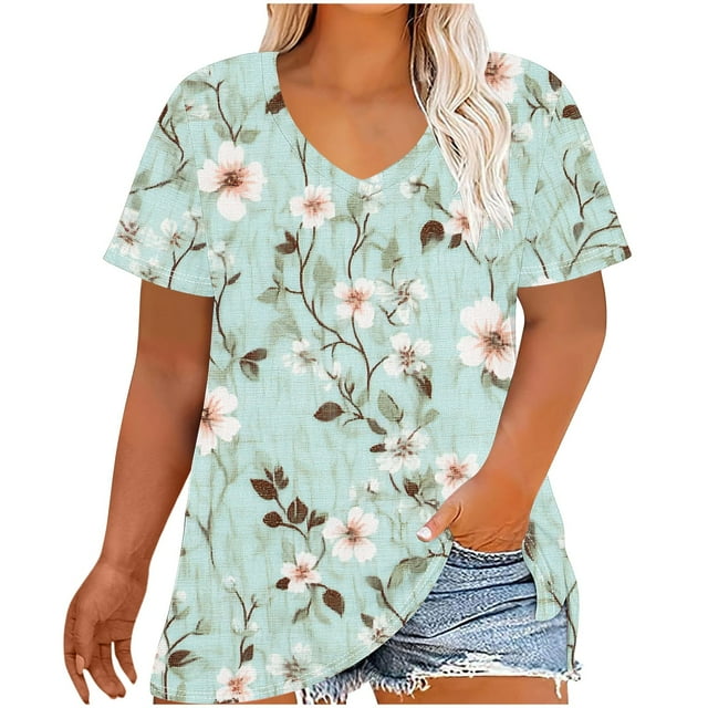 Staron Womens Loose Summer Tops Clearance Under $5 Plus Size V Neck Short Sleeve Blouses Spring Summer Shirts Floral Print Oversized Flowy Tops White XXL