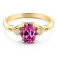 thumbnail image 2 of Gem Stone King 18K Yellow Gold Plated Silver Pink Created Sapphire and White Moissanite 3-Stone Rings for Women (1.73 Cttw, Gemstone September Birthstone, Oval 8X6MM, Available in Size 5, 6, 7, 8, 9), 2 of 5