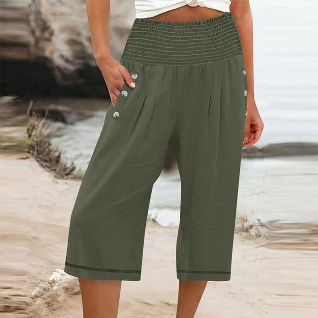 WILLBEST Pantalones Casuales de Verano para Mujer, de Color Liso, de Cintura Alta, Anchos y con Bolsillos y Botones. Grande