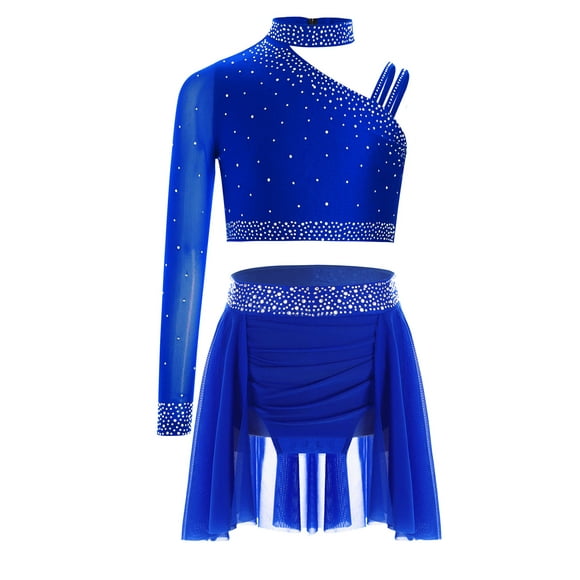 renvena Kids Girls Lyrical Dress Long Sleeve Shiny Crop Top with Wrap Skirt Leotard Jazz Ballet Dance Outfit Blue 14