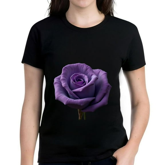 Women's Cotton Short Sleeve T-Shirt with Intricate Purple Rose Design on Black Background - Casual Floral Tee