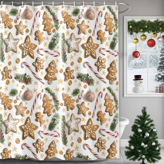 Gingerbread Man Xmas Tree Shower Curtains for Bathroom, Pine Needle Star Candy Waterproof Fabric Shower Curtain for Bathroom Bathtub Decoration, Machine Washable, 36"x72"