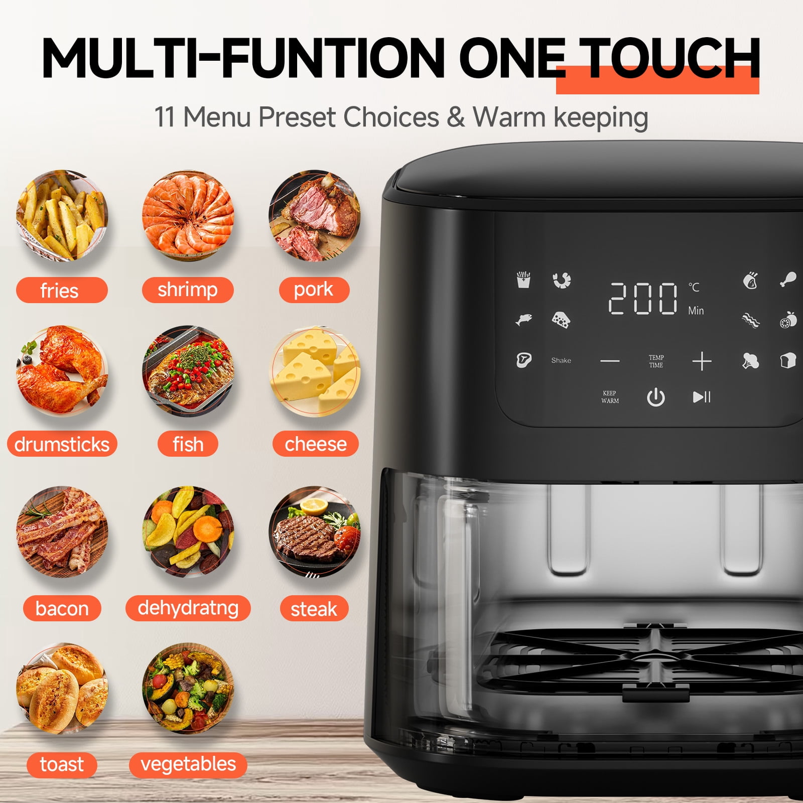LUCKLIFE 5.28 Qt Capacity Air Fryer with Shake Remind  , 11 Presets Fry Touch Panel , Max 400F for Cooking,Black