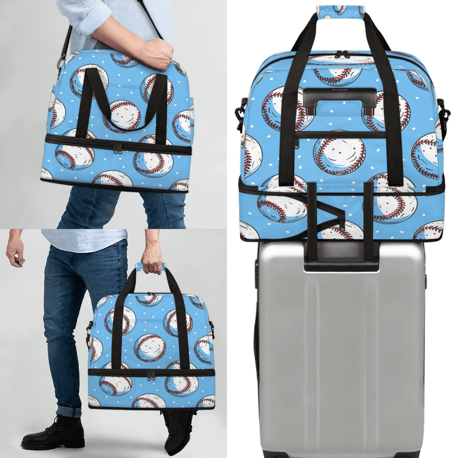Herdesigns Baseball Sports Travel Duffel Bag with Shoe Compartment Cool Ball Large Foldable Waterproof Weekend Overnight Bag for Beach Swim Pool Bags Sports Gym