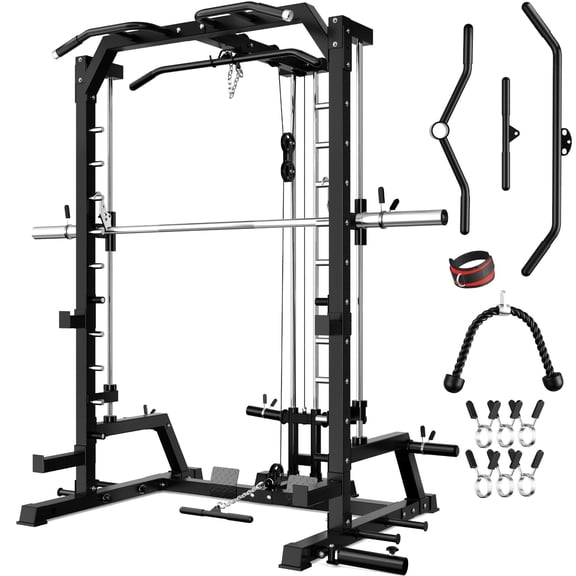 Smith Machine, 2000LBS Multi-Function Squat Power Rack Cage with Cable Crossover, All-in-One Home Gym Squat Rack with Smith Bar and Training Attachments for Full Body Workouts