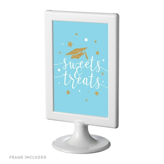 Baby Blue and Gold Glittering Graduation Party, Party Sign 4x6-inch, Sweets & Treats, Includes Frame