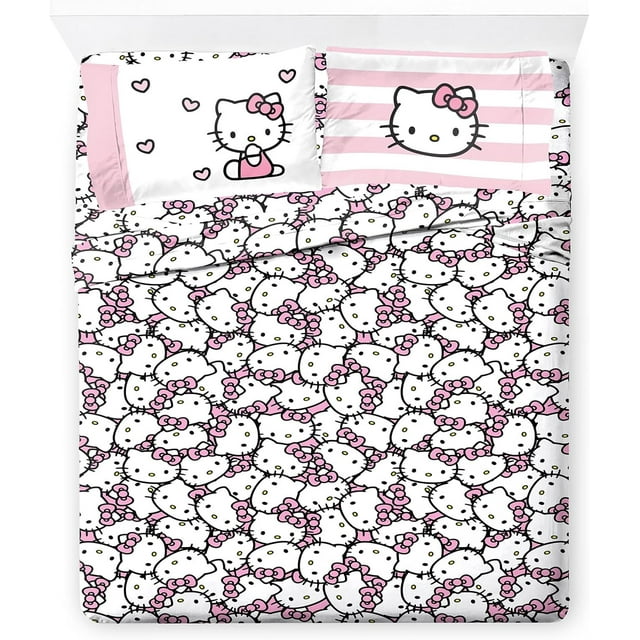 Hello Kitty Stripes & Hearts Queen Size Sheet Set Super Soft Piece Bedding Set Microfiber Sheets Include Reversible Pillow Covers