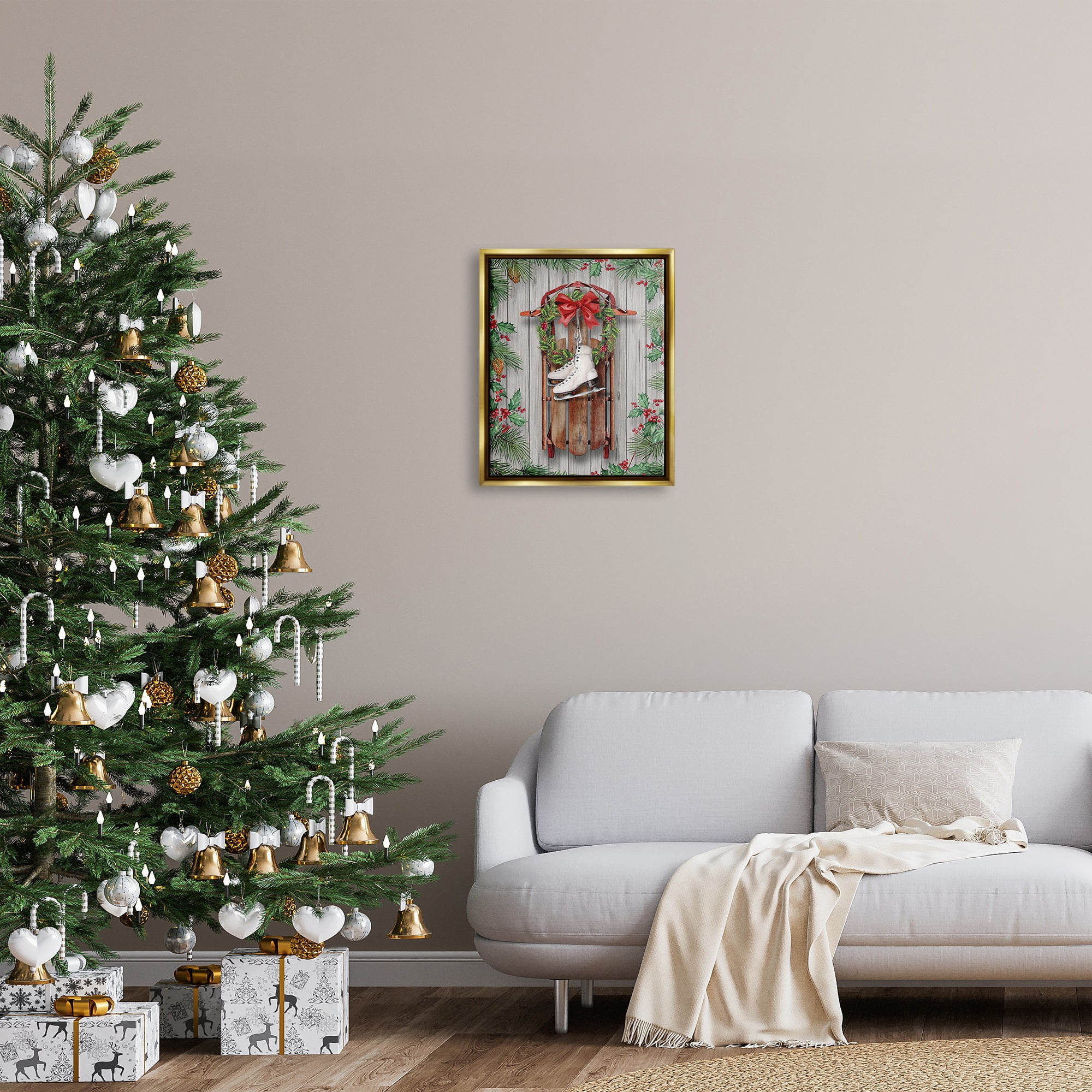 Stupell Industries Winter Ice Skates & Sled Holiday Painting Gold Floater Framed Canvas Art Print Wall Art, 17 x 21