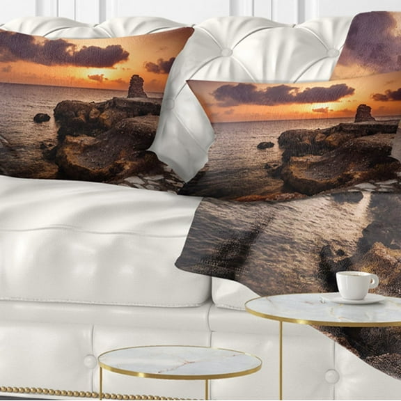 Designart Beach Sunset with Ancient Ruins - Oversized Beach Throw Pillow - 12x20