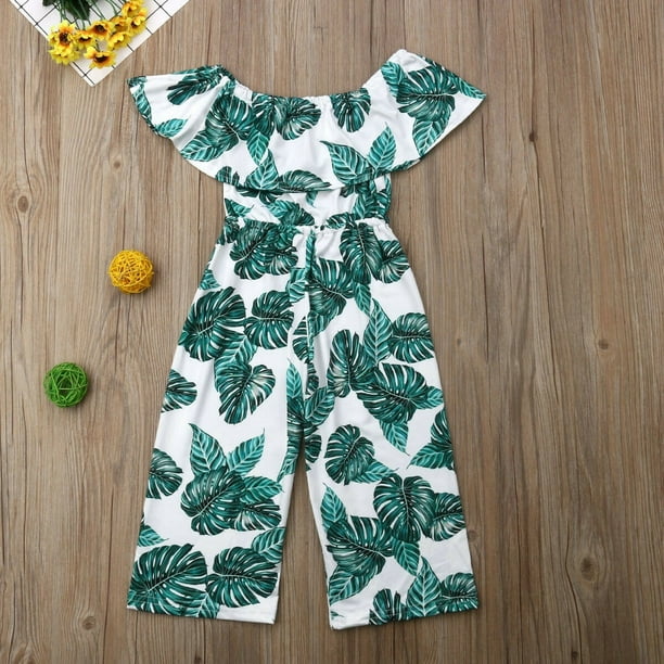 Toddler Kids Little Girls Palm Leaf Wide Leg Jumpsuit Ruffle Off