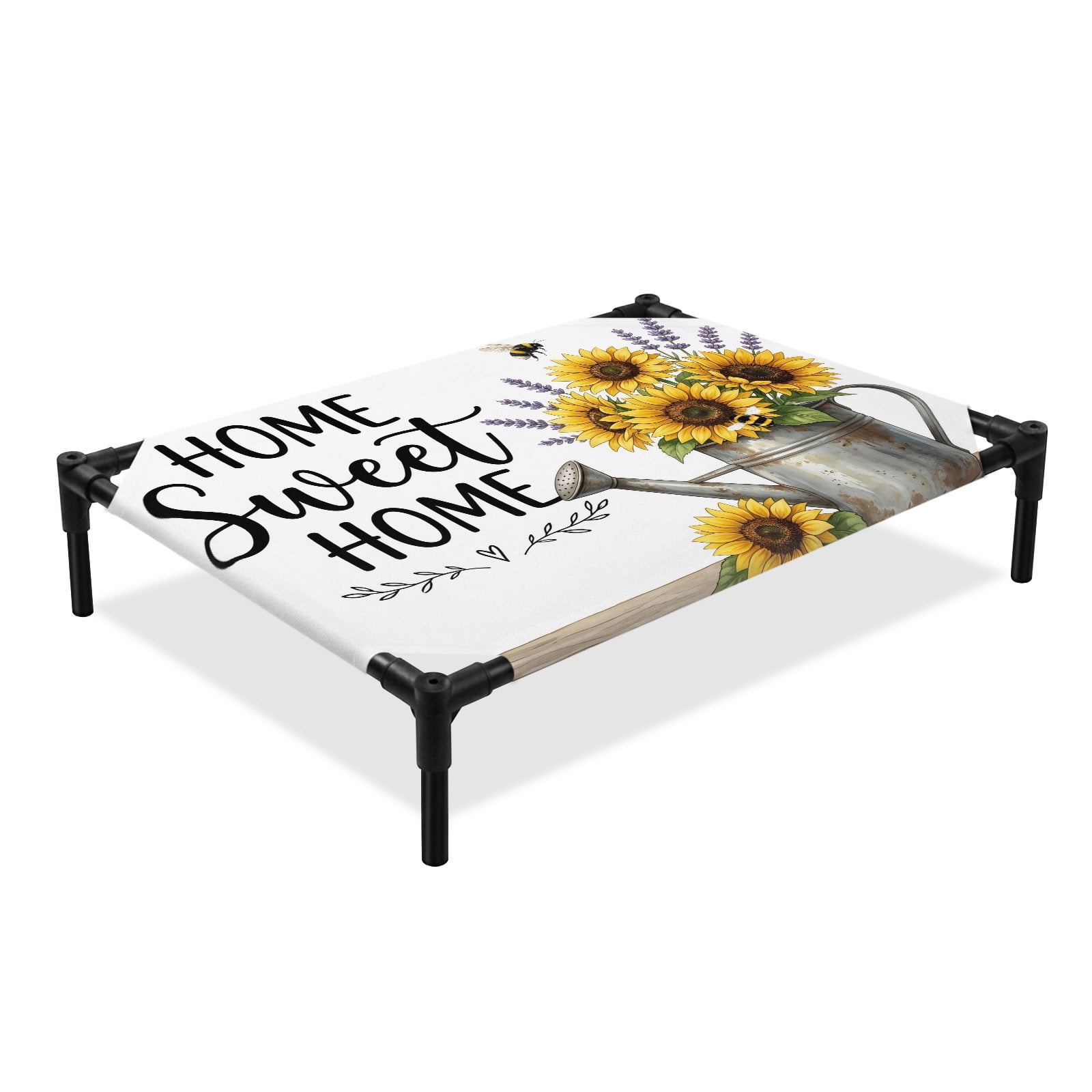 Home Sweet Home Elevated Dog Bed, Country Sunflower Watering Can Lavender Farm Cooling Breathable Outdoor Raised Dog Cot Bed with Metal Frame Non-Slip Feet for Medium Dog 24x20in