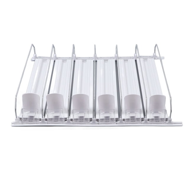 Empujador automático de bebidas deslizante ABS blanco, ancho ajustable, organizador de latas de refresco para refrigerador de 12 oz, 16 oz, 16,9 oz y 20 oz, 38 cm/14,96 pulgadas